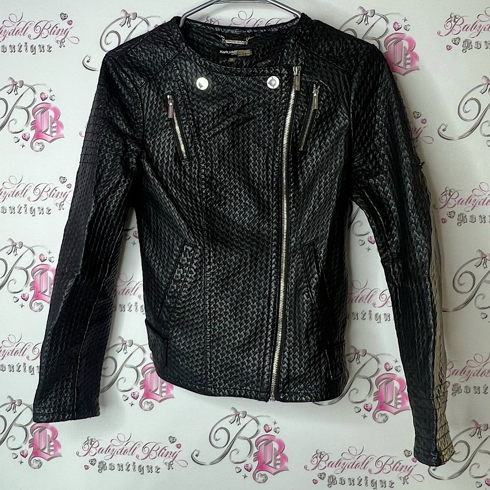 Karl Lagerfeld Black Textured Leather Jacket zip up zippers moto classy
